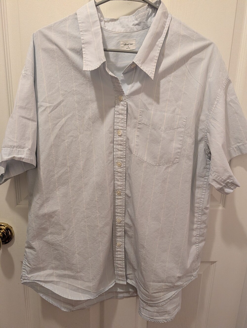 WILFRED FREE Aritzia Women's Short Sleeve Blue Striped Button Down Shirt Sz M